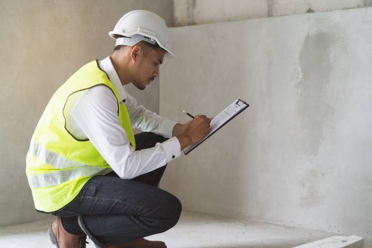 Man in high vis and helmet crouching down next to plastered wall with clip board