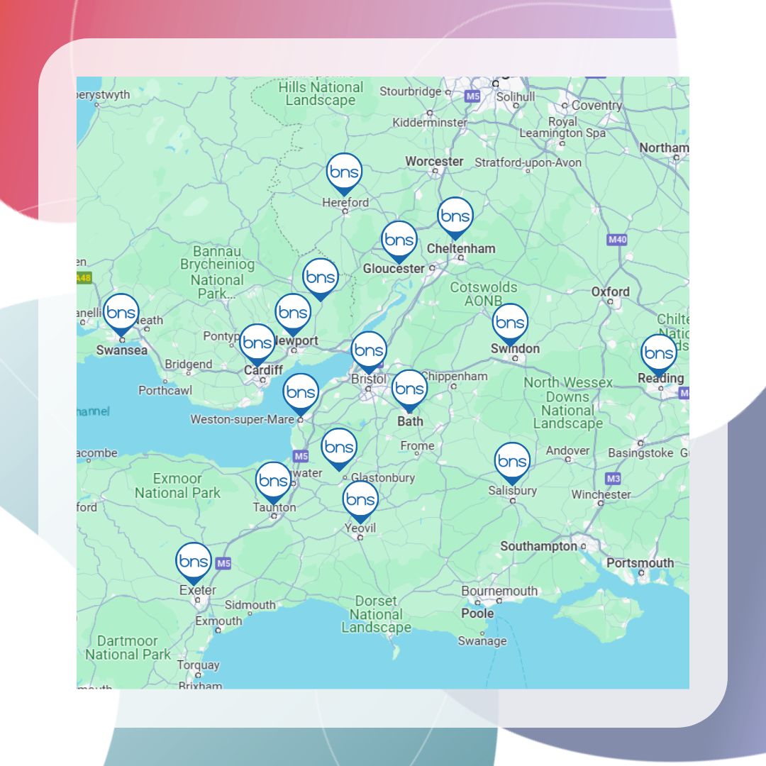 map of south west england and wales with BNS logos indicating areas covered by bns property services